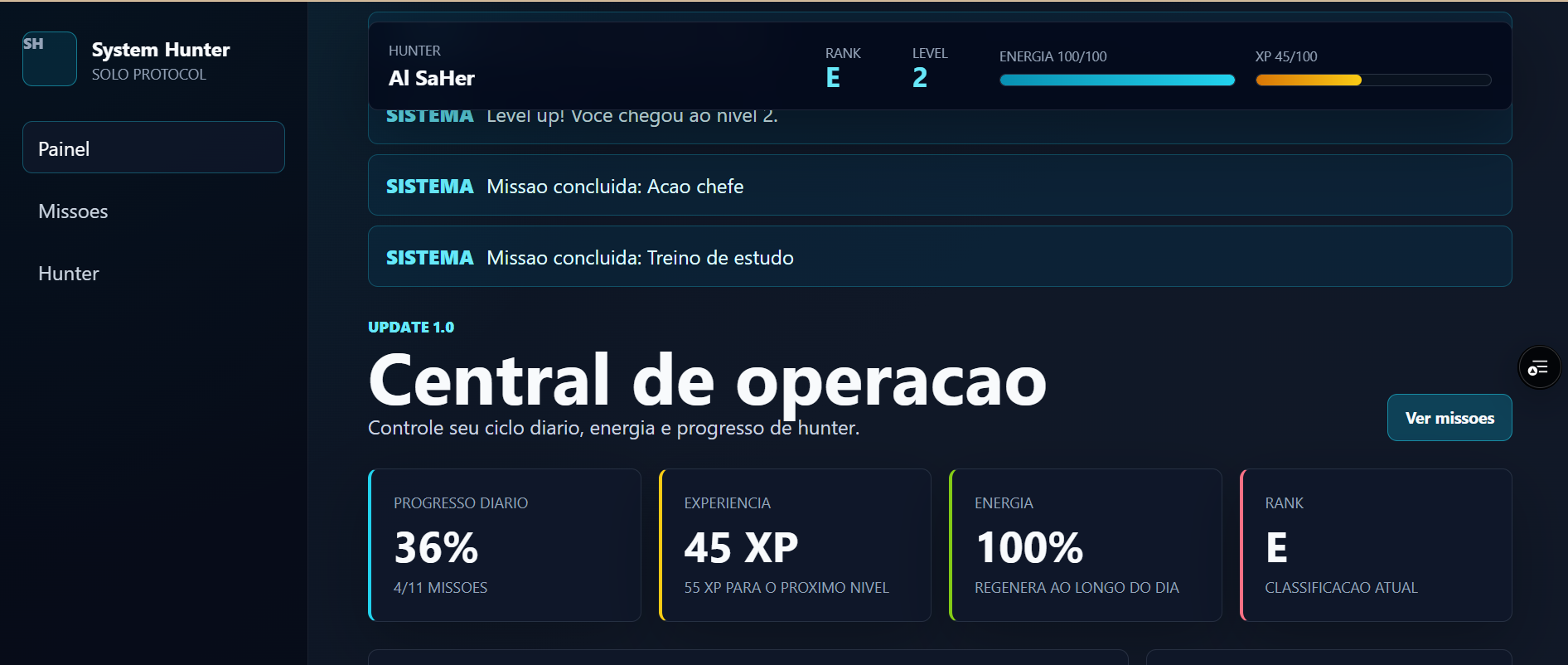 Central de operações do System Hunter