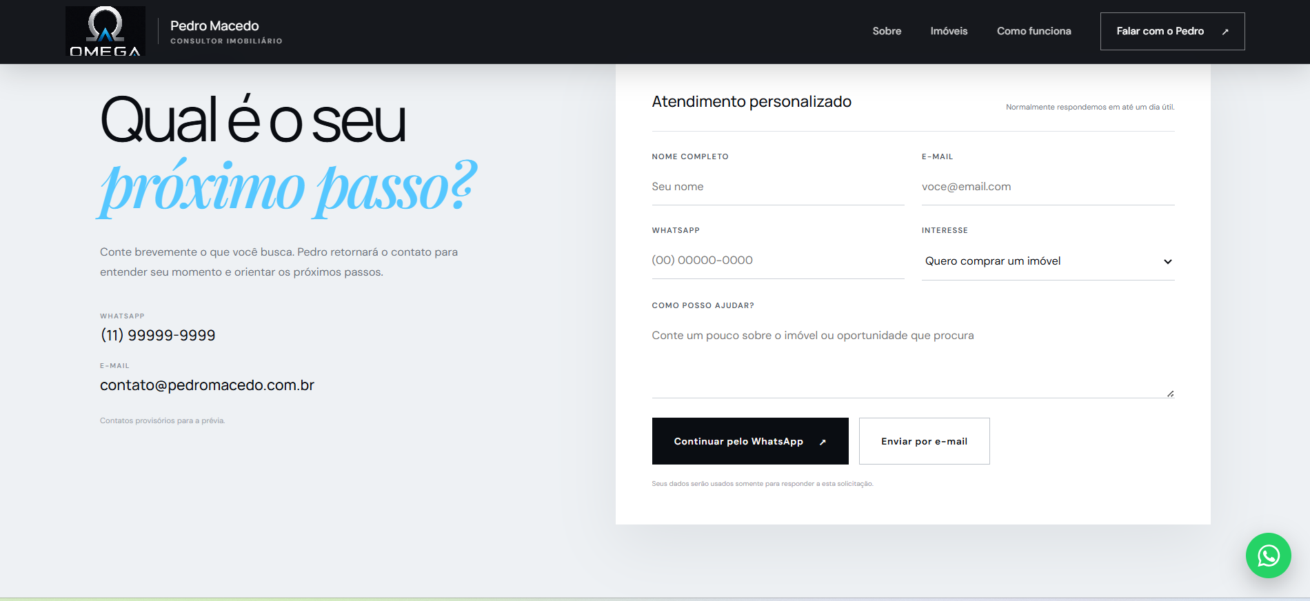 Formulário de contato da landing page imobiliária