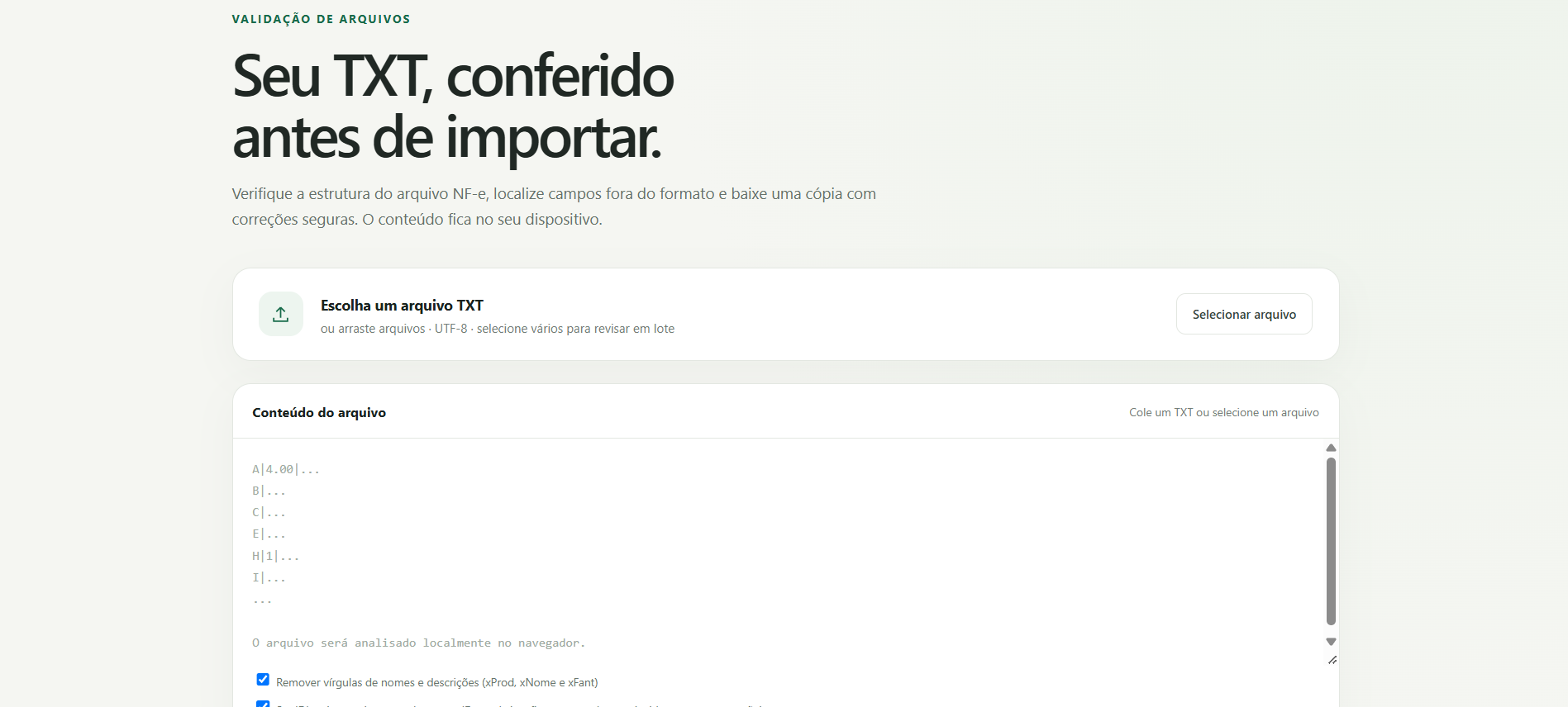 Tela inicial do Validador TXT NF-e